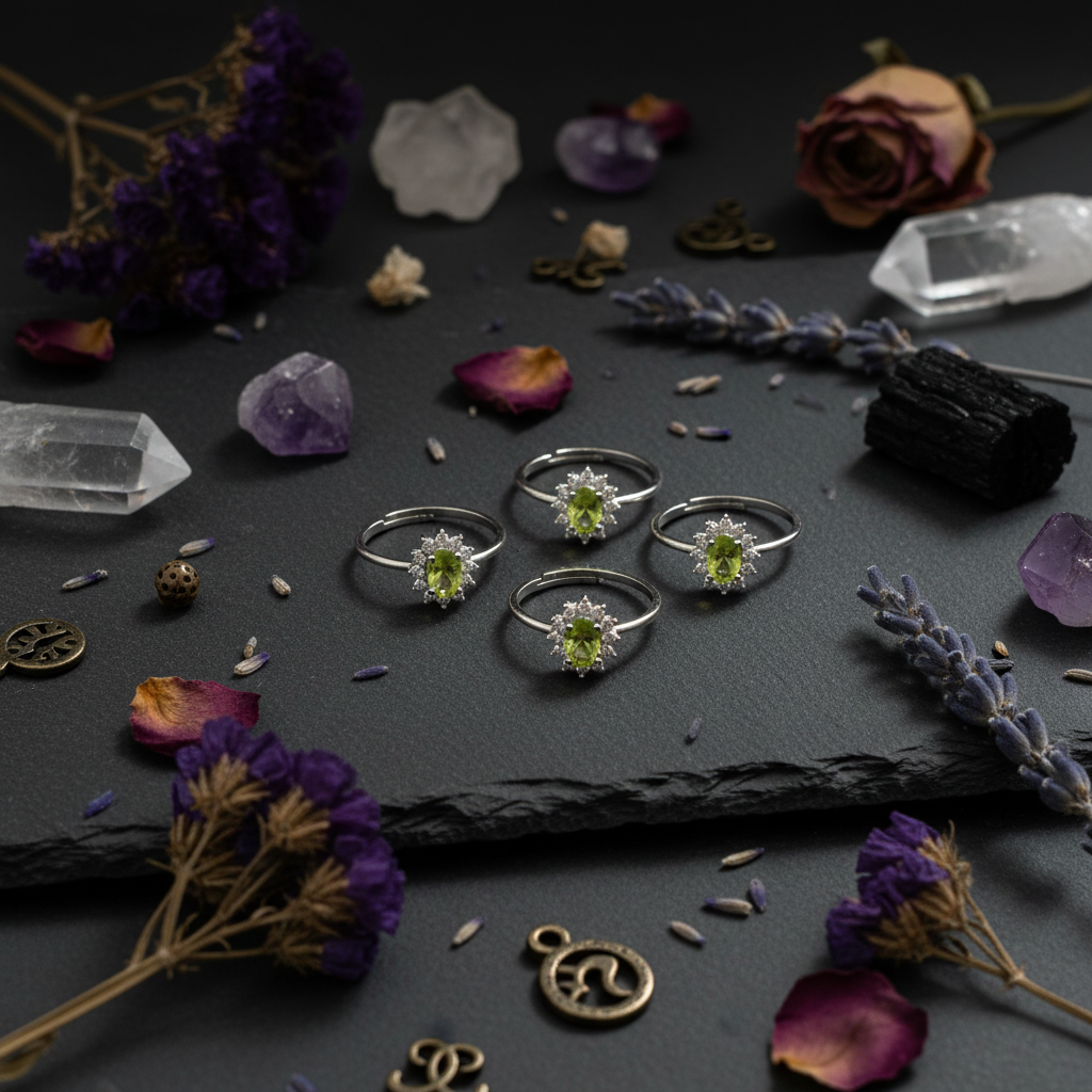 Anello peridoto zirconi - flat lay esoterico