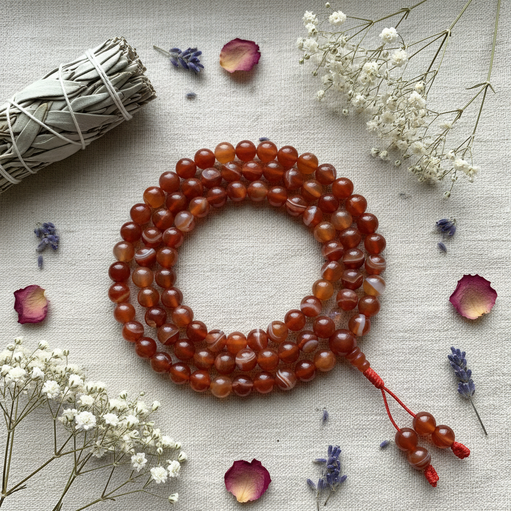 Mala tibetano agata rossa striata - composizione fiori secchi e salvia