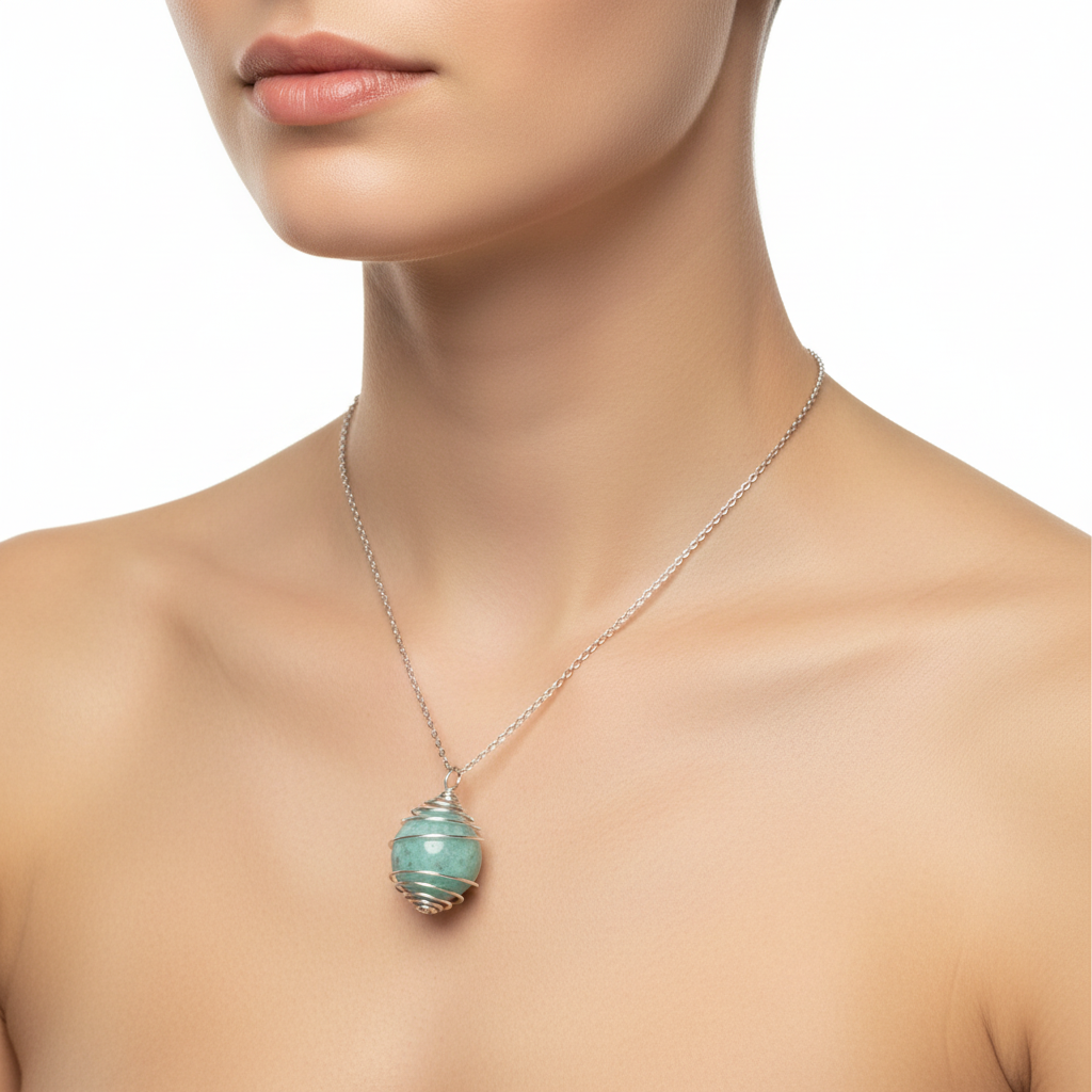 Collana Gabbia Amazzonite indossata sfondo bianco