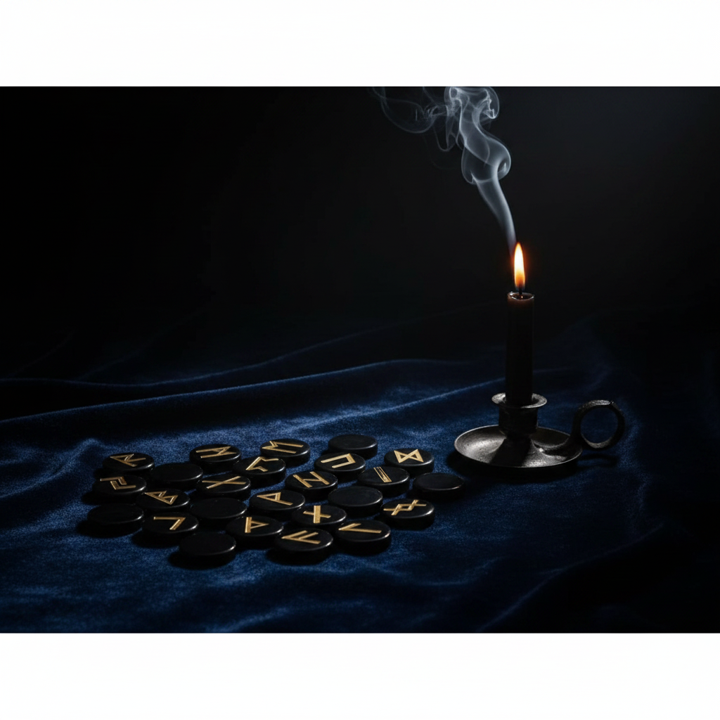 Rune in ossidiana su velluto scuro con candela nera e luce dorata drammatica