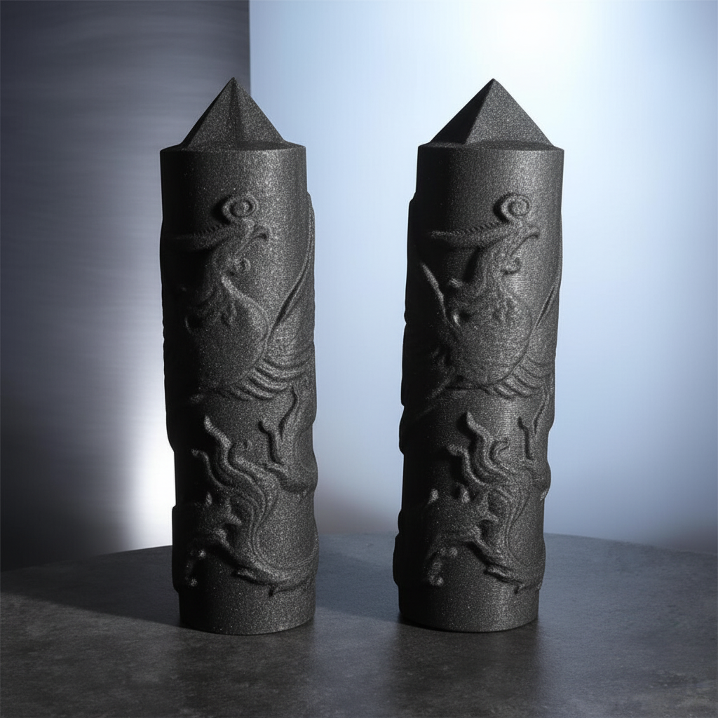 Torri di shungite con drago scolpito su sfondo cemento grigio con luce laterale
