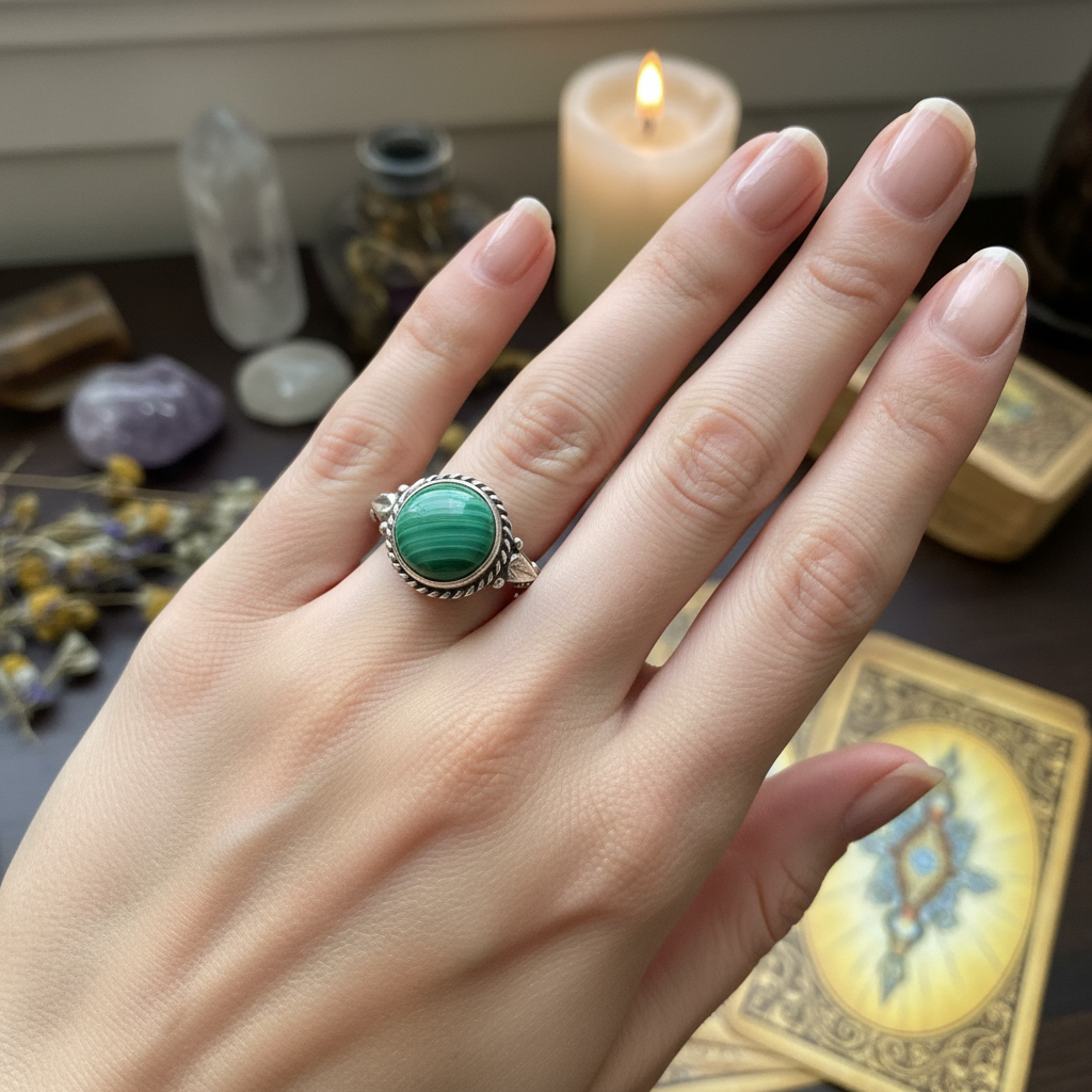 Anello Vintage in Argento con Malachite Naturale - indossato