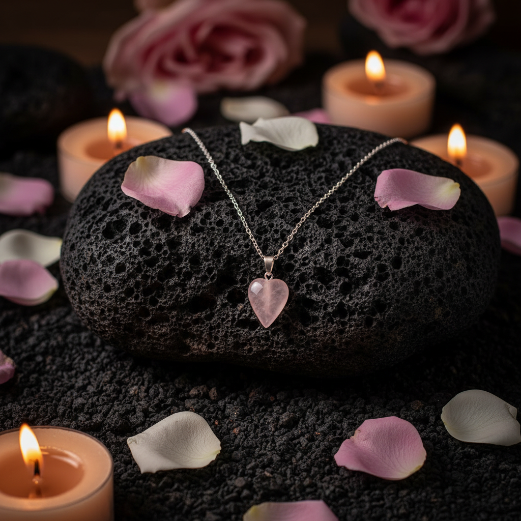 Collana Pendolo Quarzo Rosa - sfondo pietra vulcanica