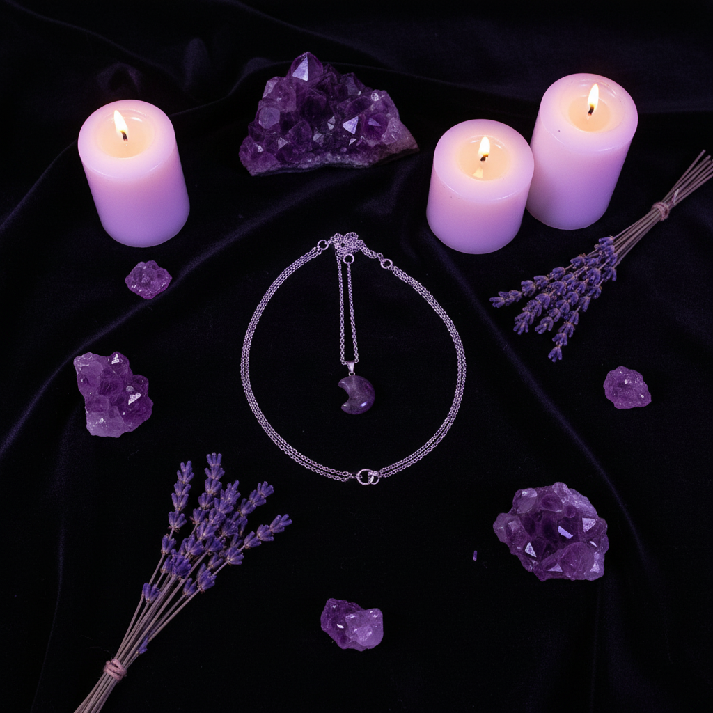 Collana Luna Ametista flat lay esoterico