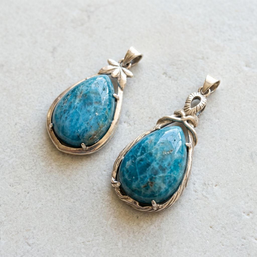 Ciondoli in apatite su piano chiaro