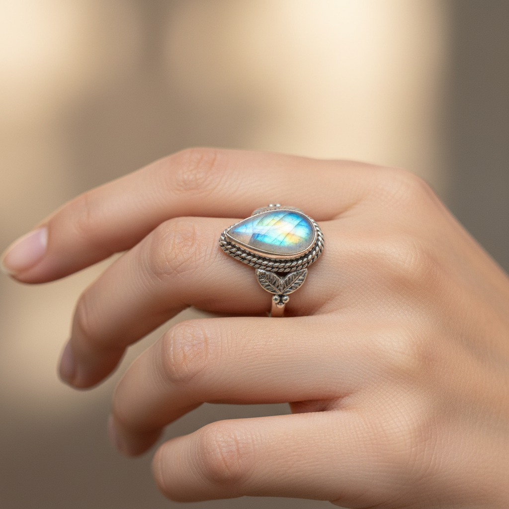 Anello Labradorite Bianca Rainbow indossato