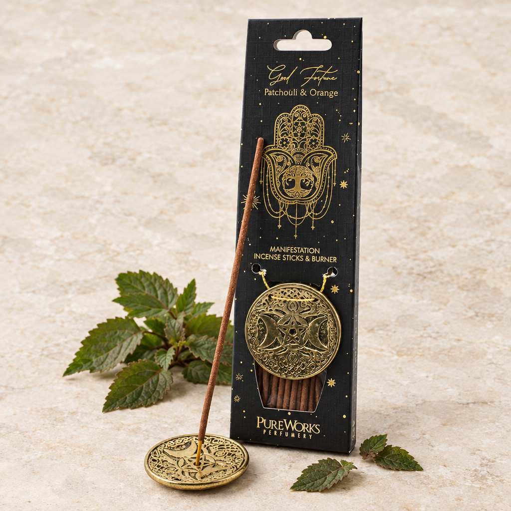 Incenso Buona Fortuna con porta-incenso e foglie di patchouli