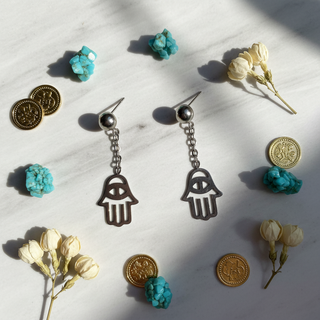 Orecchini Mano di Fatima flat lay marmo monete dorate