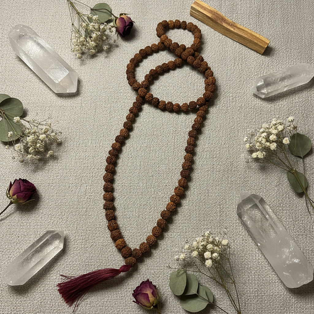 Japamala rudraksha con fiori e cristalli