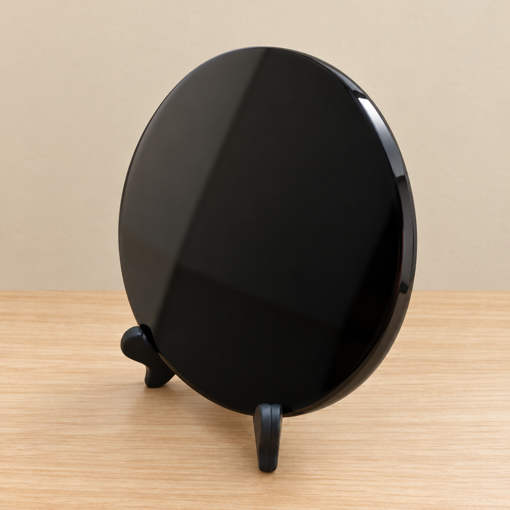 Specchio in ossidiana con supporto su legno chiaro
