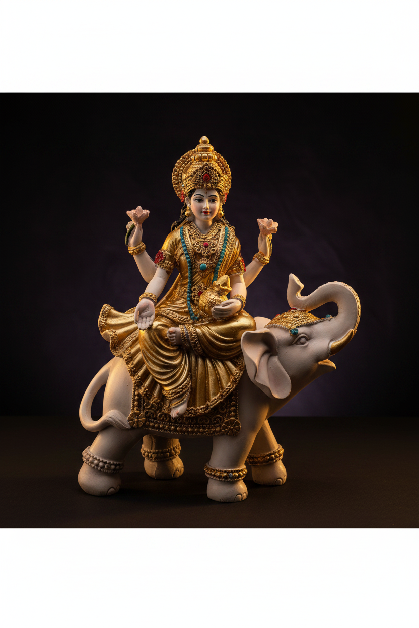 Statua Lakshmi elefante full body con luce dorata