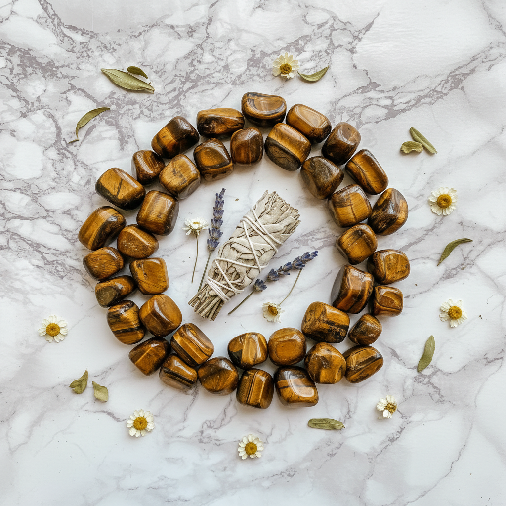 Occhio di tigre con fiori secchi e salvia