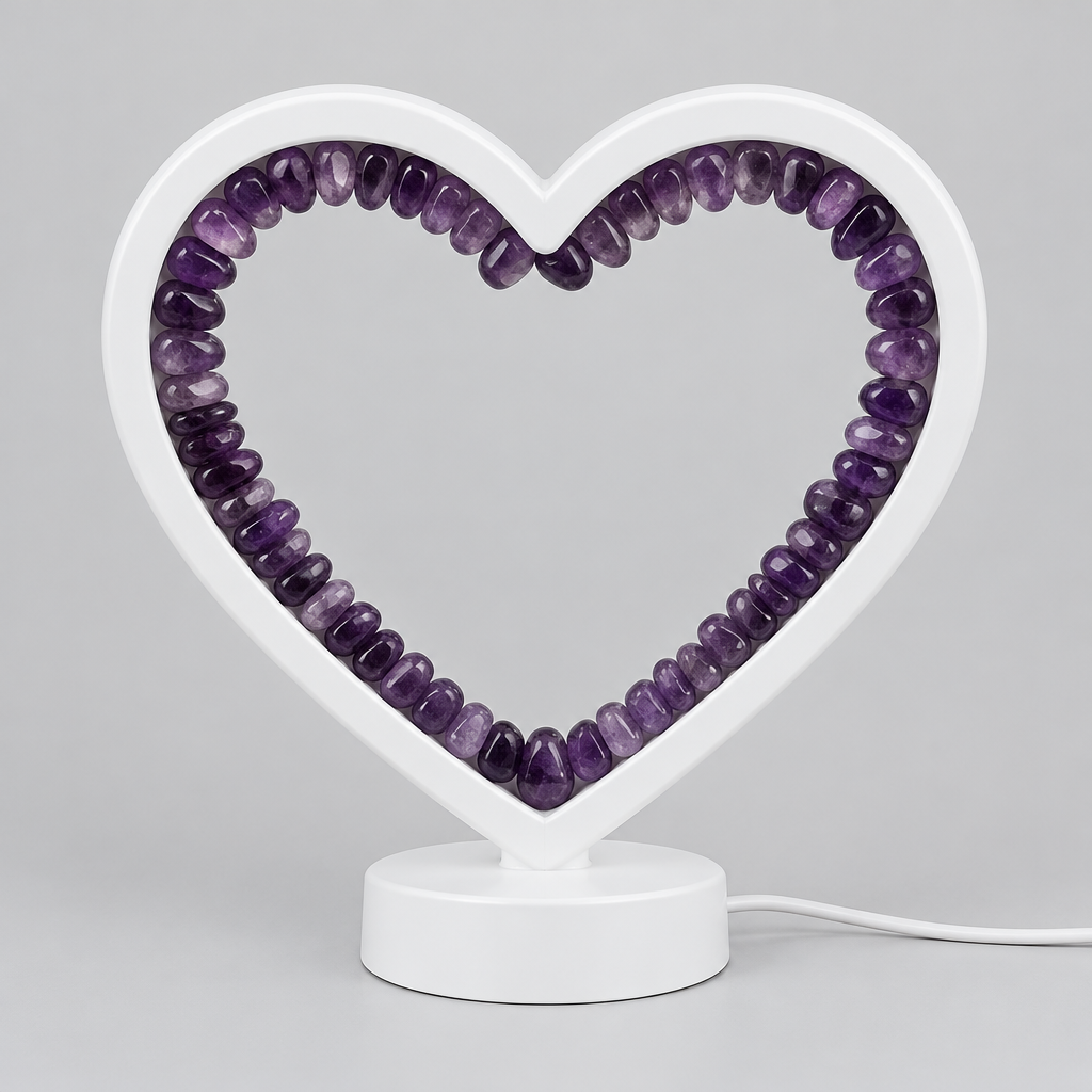 Lampada a cuore in ametista su fondo grigio