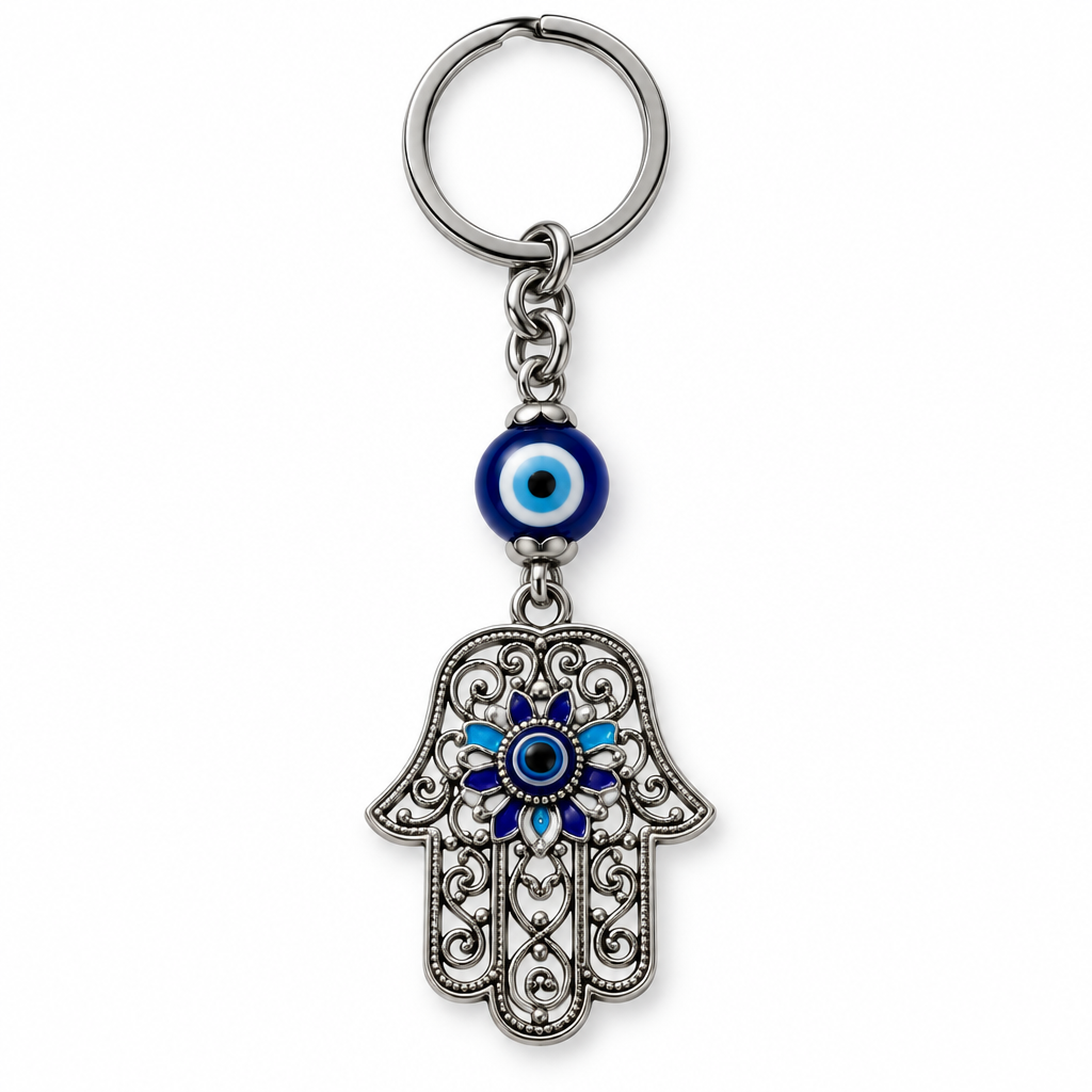 Portachiavi Occhio di Nazar con charm Mano di Fatima argentata