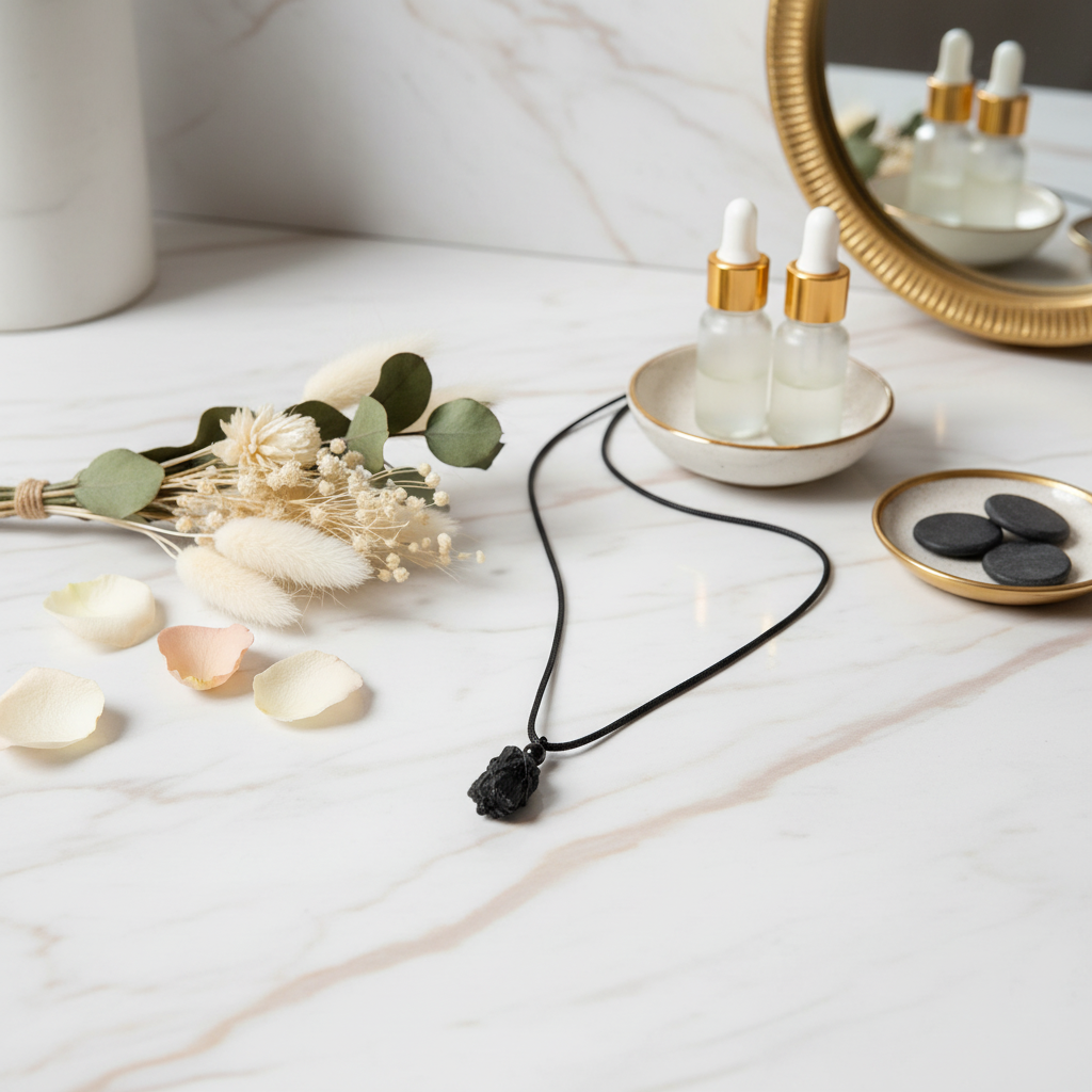 Collana Tormalina Nera Grezza - sfondo marmo luxury