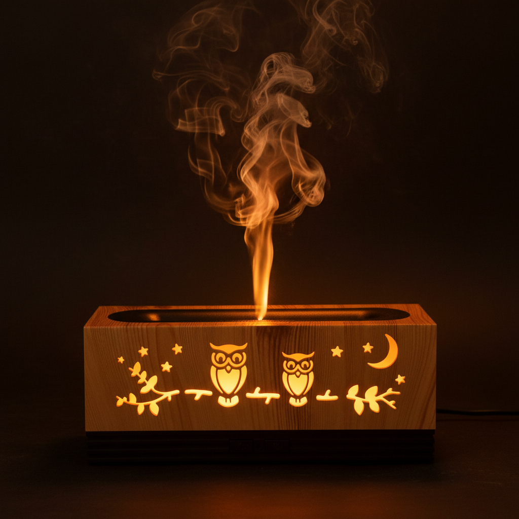 Diffusore gufo luna - effetto fiamma sfondo scuro