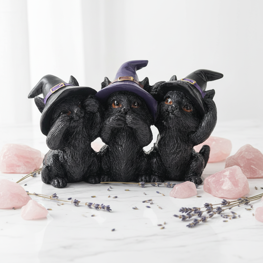 Trio gatti Wicca su marmo bianco con quarzo rosa e lavanda