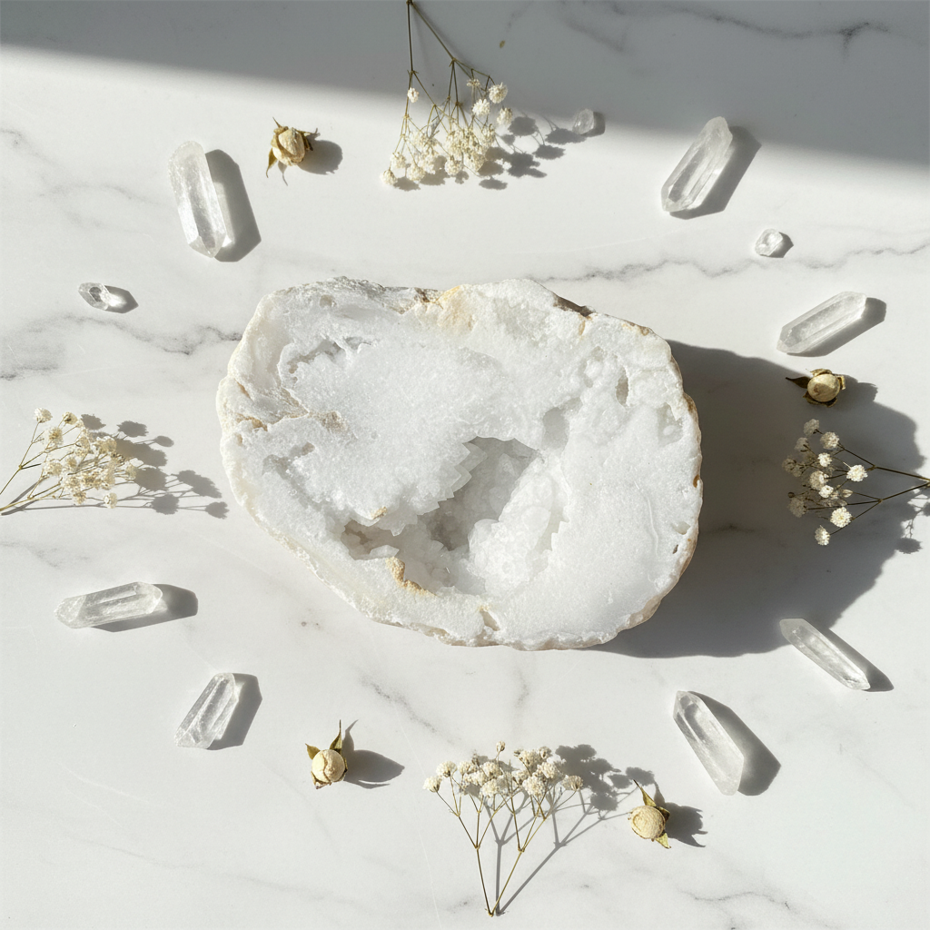 Geode di Quarzo Ialino flat lay marmo con quarzo e fiori bianchi