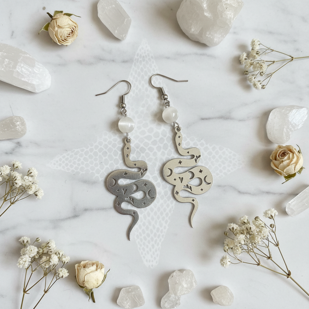 Orecchini Serpente Celeste flat lay marmo con selenite