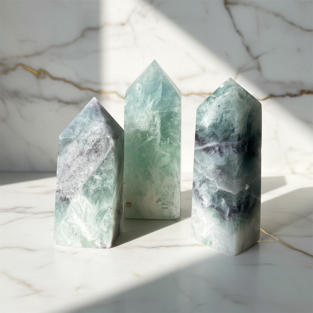 Torri di fluorite verde su sfondo marmo bianco e oro