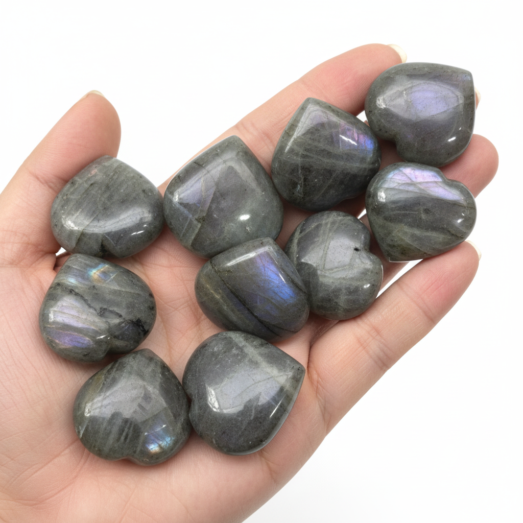 Cuori in Labradorite viola tenuti in mano