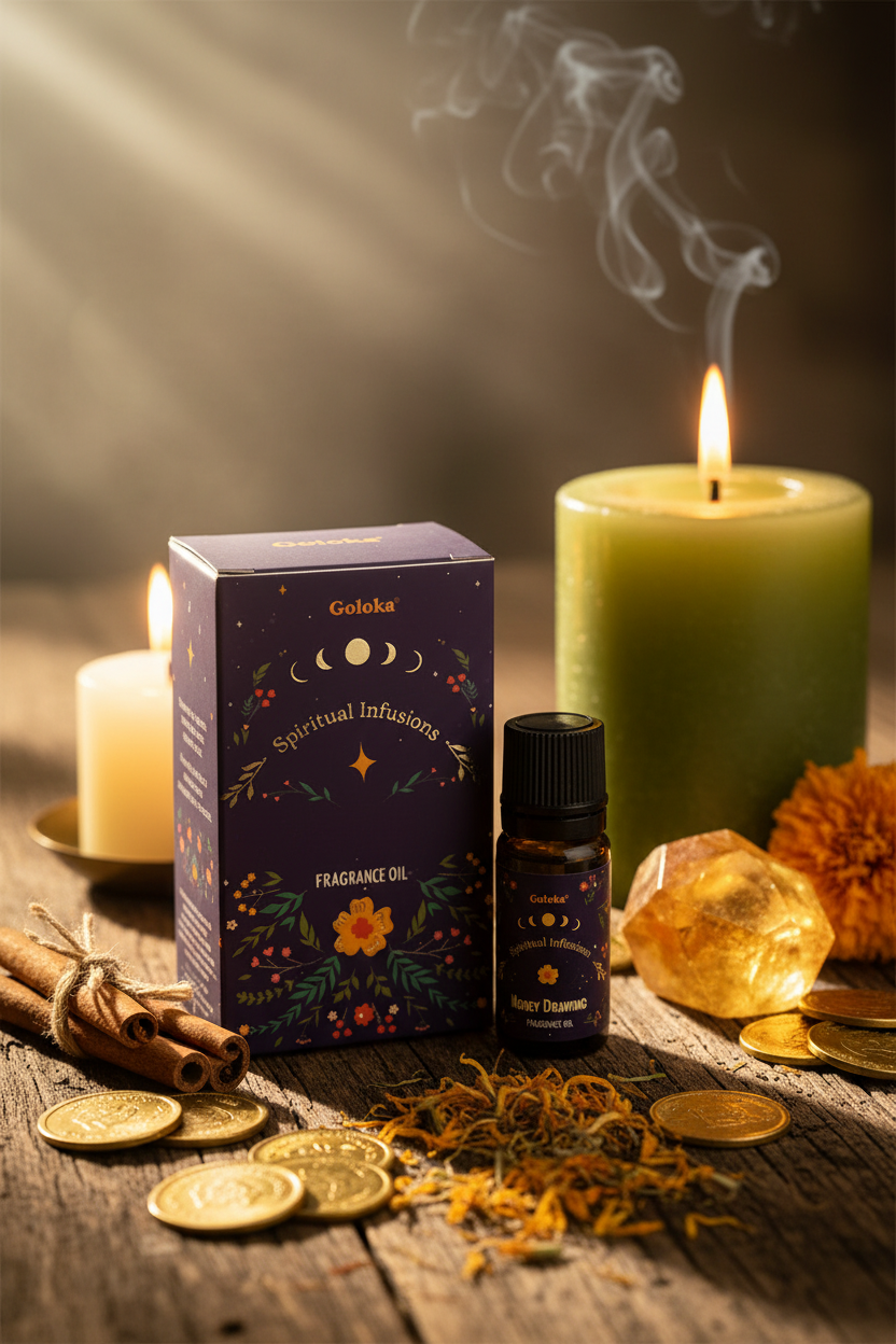 Olio fragranza Goloka Money Drawing - altare prosperità con candela verde e citrino