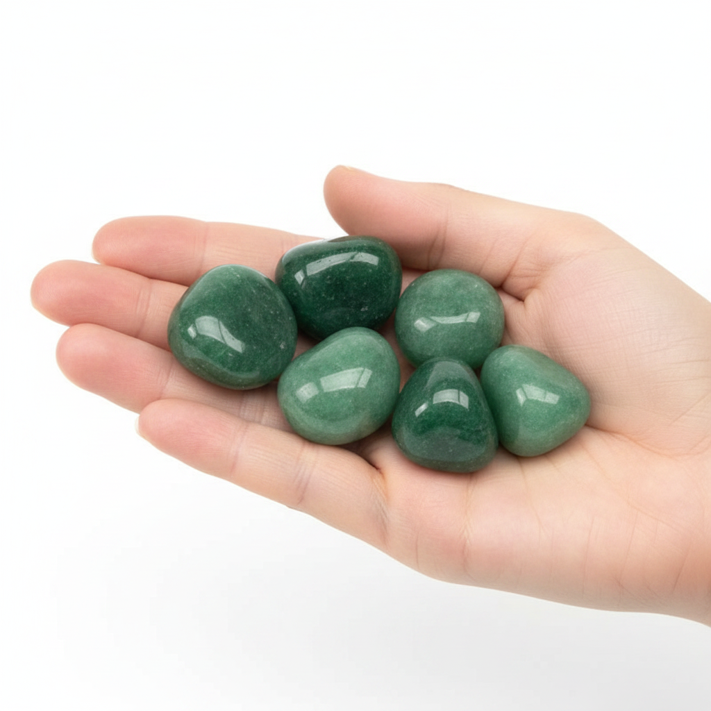 Mano che tiene avventurina verde tumbled