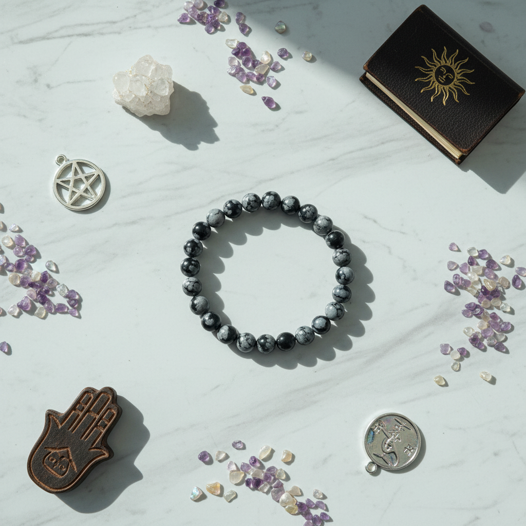 Bracciale Ossidiana Fiocco di Neve 8mm - flat lay con cristalli