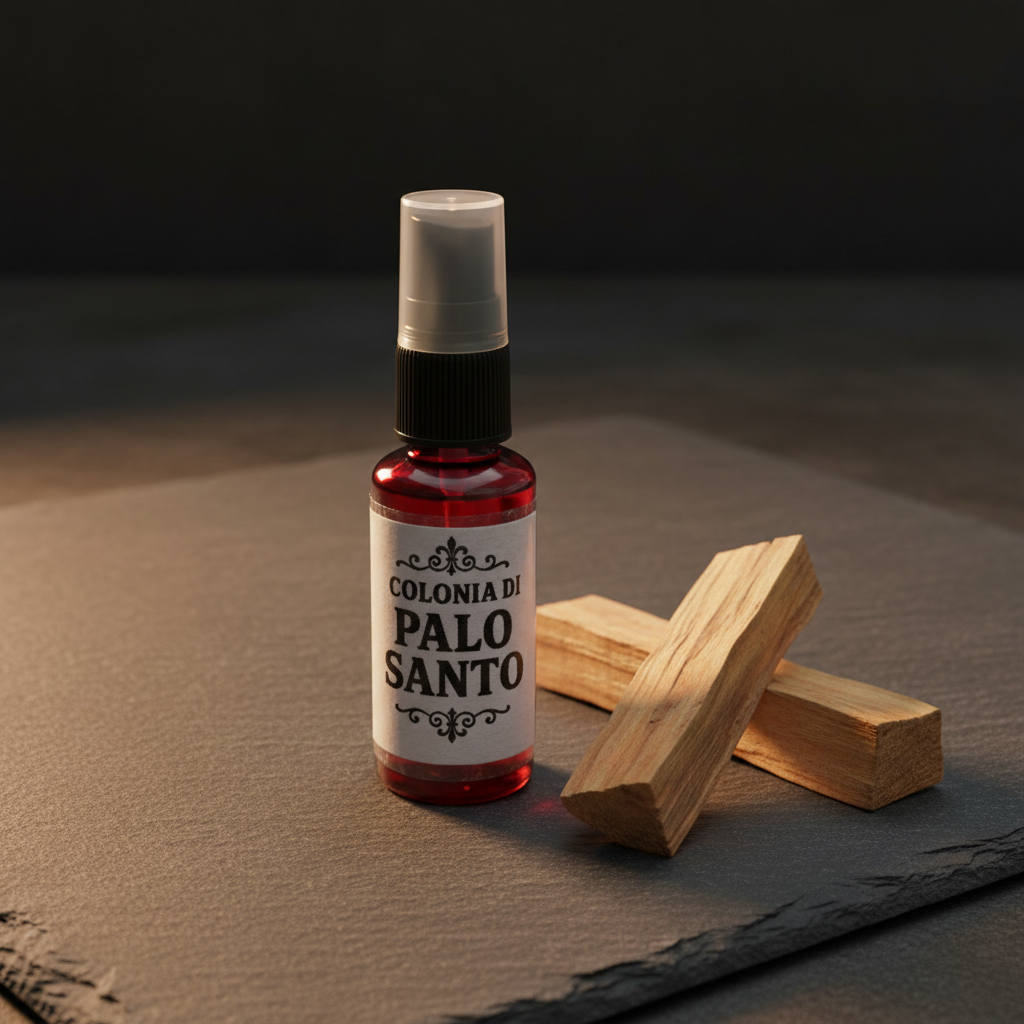 Bottiglia Colonia di Palo Santo su ardesia scura con legni di palo santo