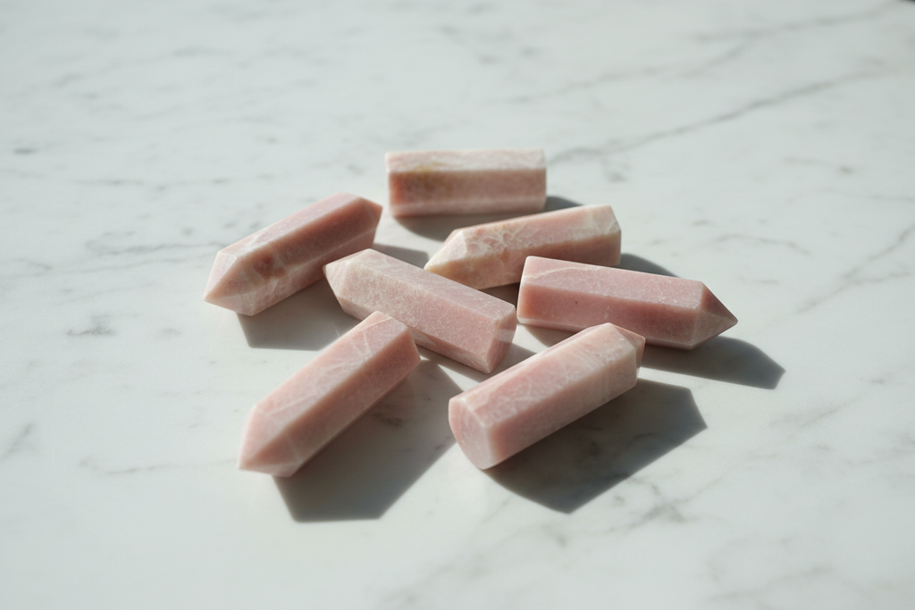 Obelischi opale rosa flatlay su marmo