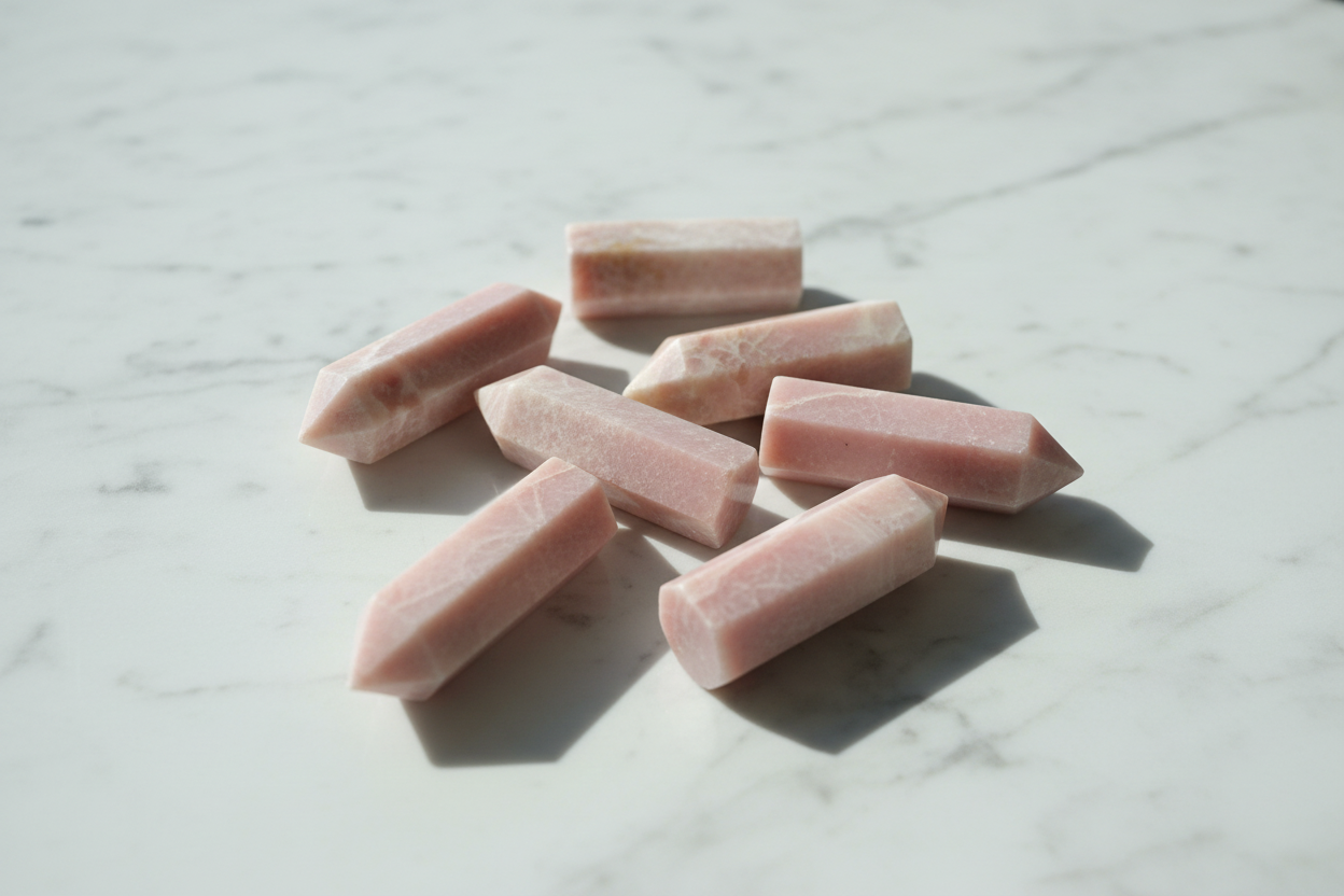 Obelischi opale rosa flatlay su marmo
