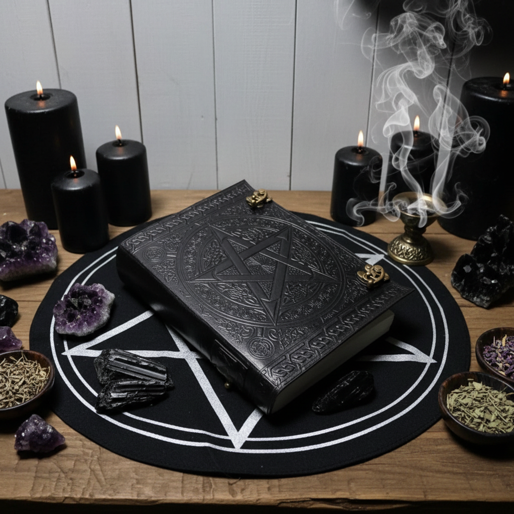 Grimorio Pentacolo - altare Wicca con candele nere