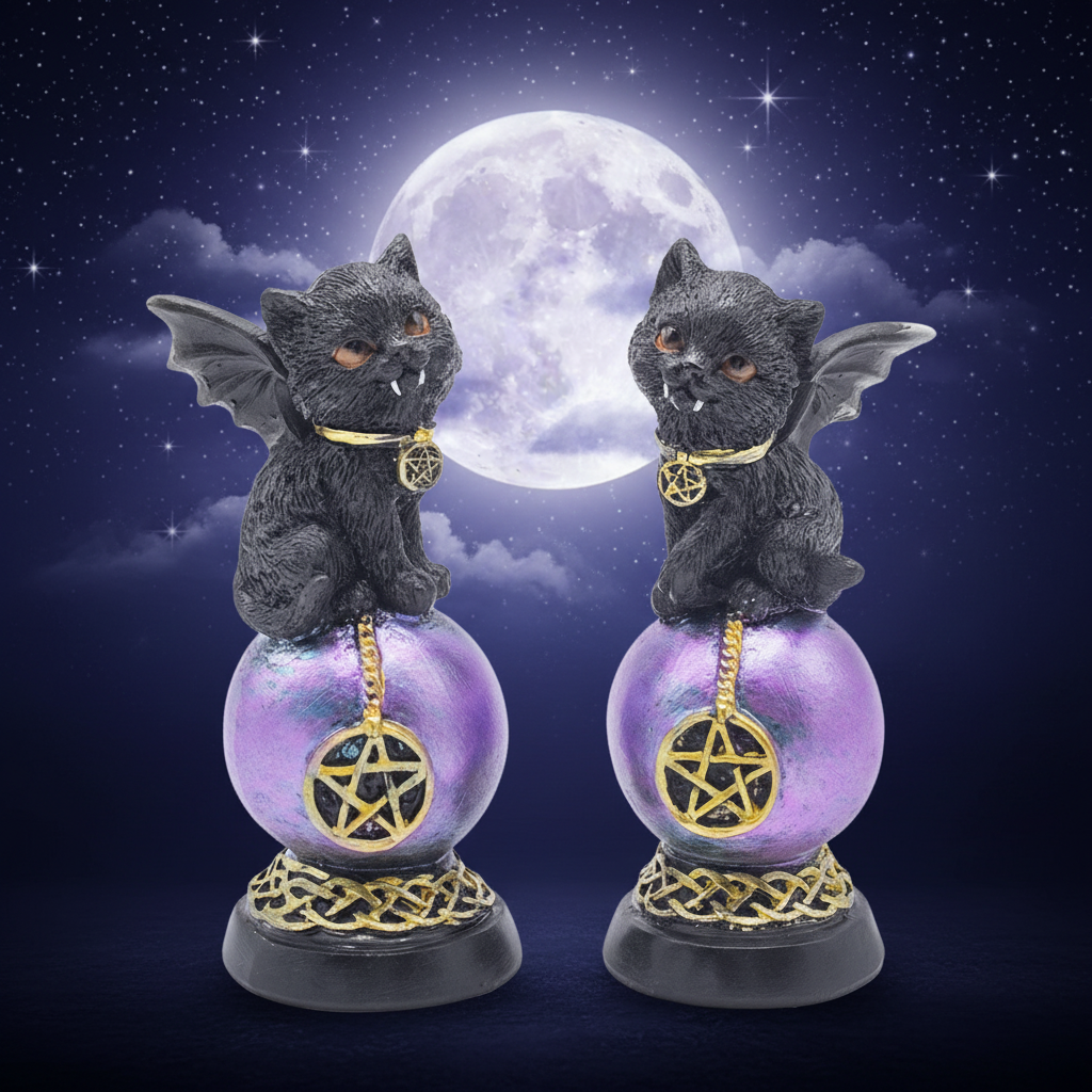 Gatto Wicca sulla sfera con pentacolo con luna piena e stelle