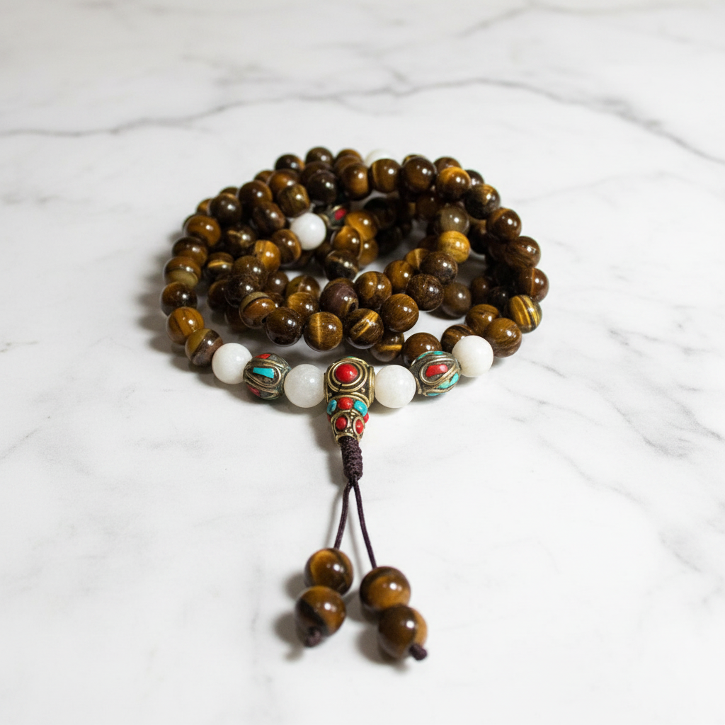 Mala occhio di tigre tibetana flatlay su marmo