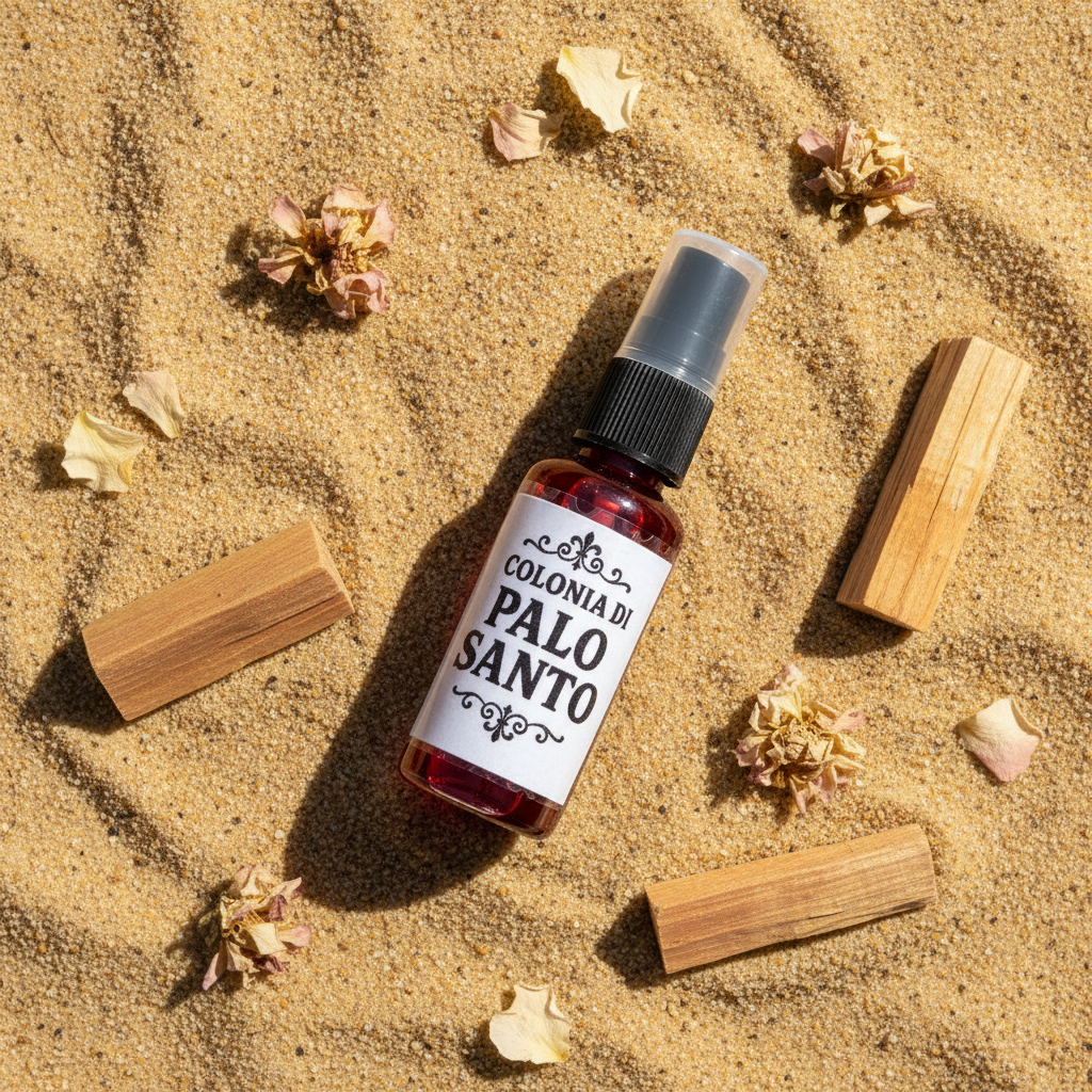Flatlay su sabbia dorata con schegge di palo santo e petali