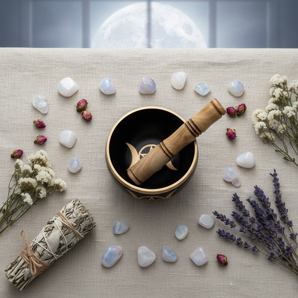 Campana tibetana flat lay lunare con cristalli e salvia
