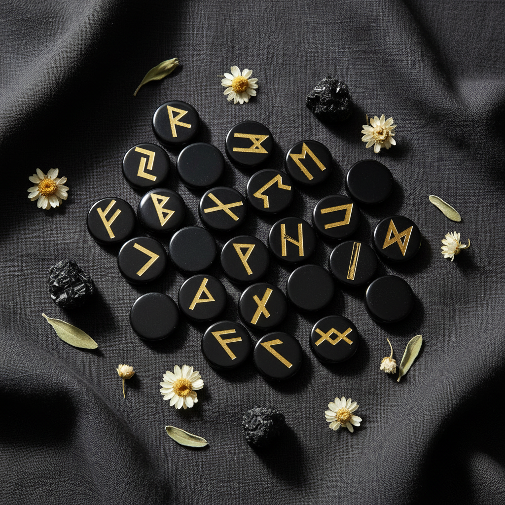 Rune in ossidiana con fiori bianchi, tormalina nera e salvia su lino scuro
