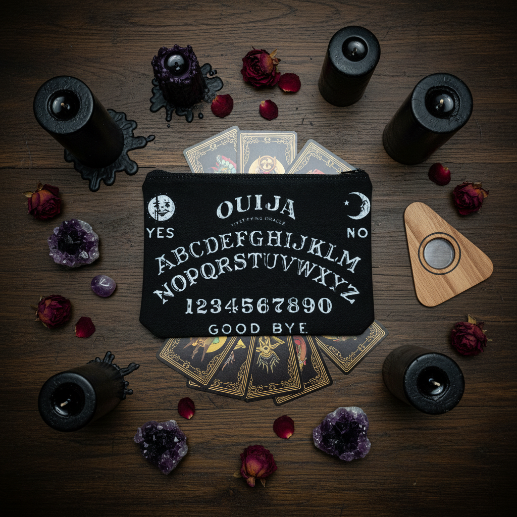 Pochette Ouija - flat lay séance con candele e tarocchi