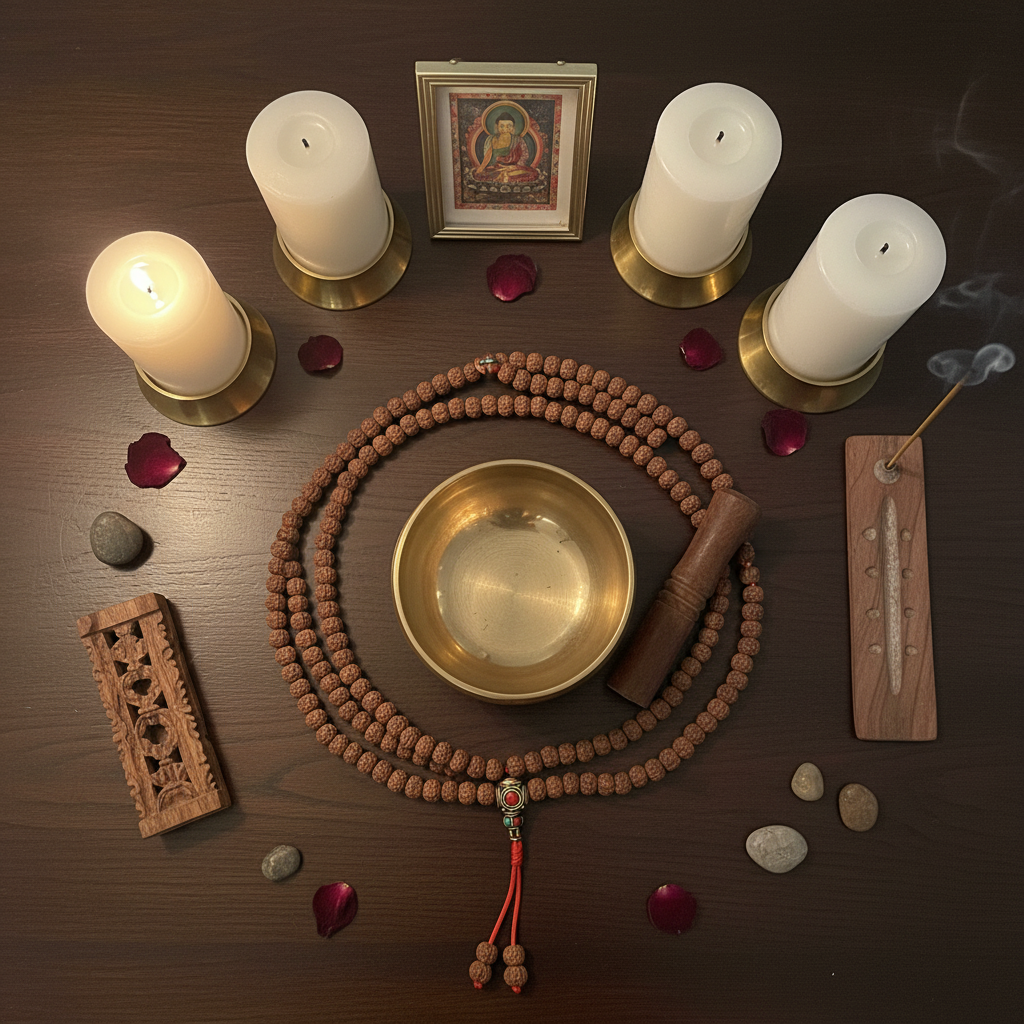 Japamala rudraksha guru bead tibetana dorata - composizione rituale