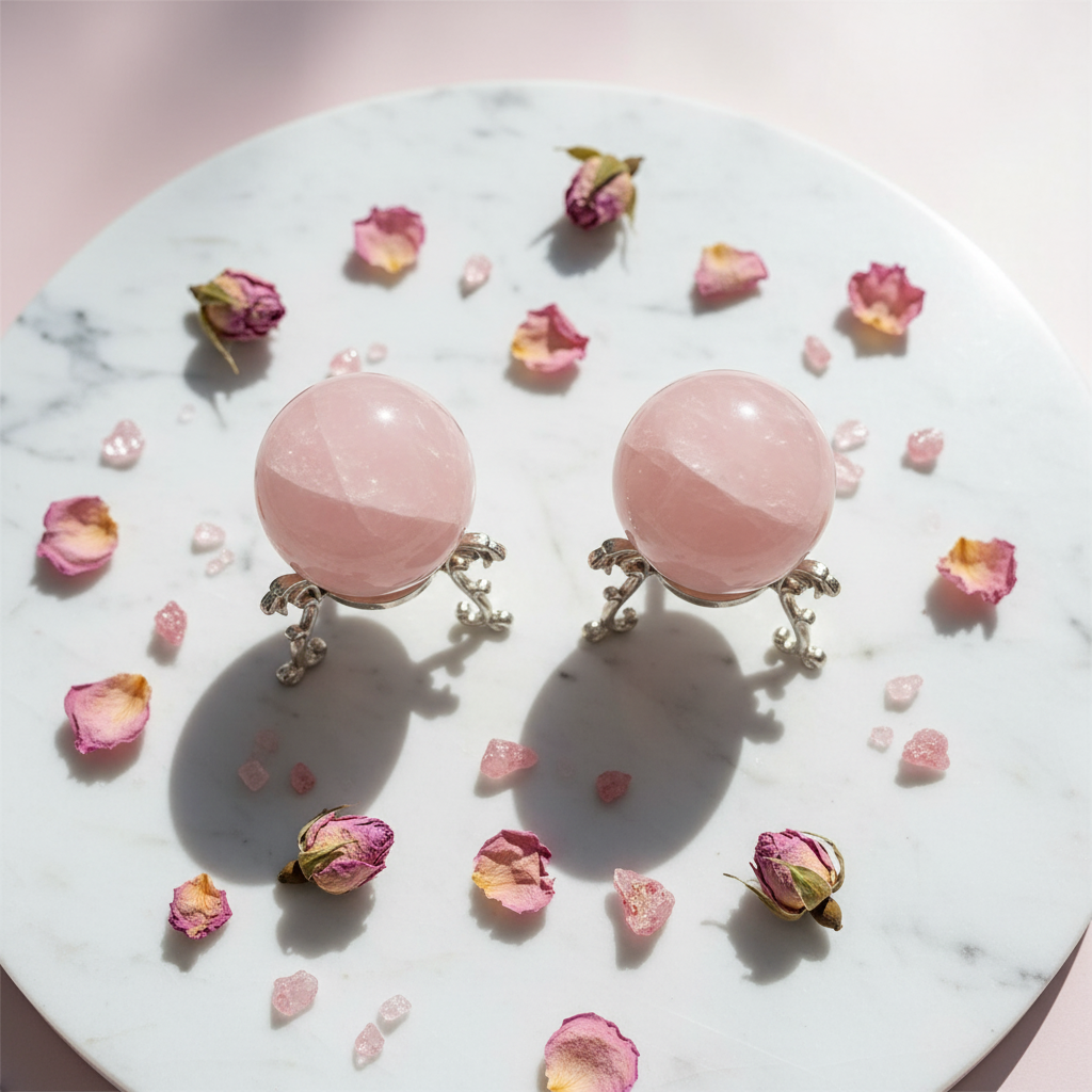 Sfere Quarzo Rosa su base silver - flatlay marmo con rose