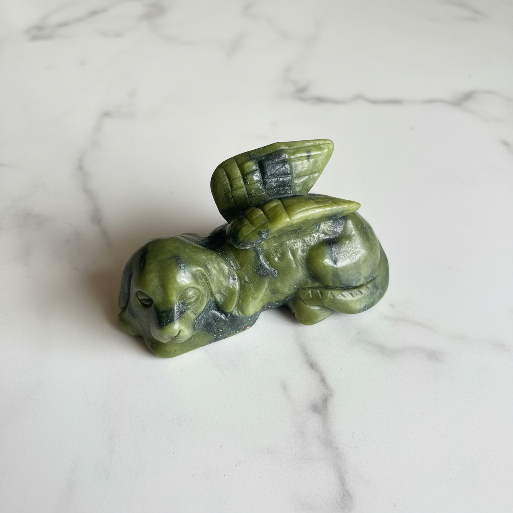 Cane Alato in Giada Verde - flatlay su marmo