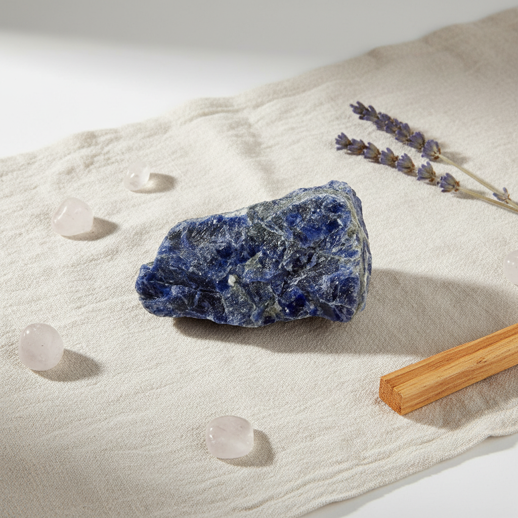 Sodalite grezza - lifestyle su lino