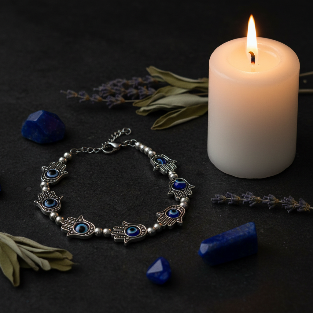 Bracciale Mano di Fatima Occhio di Nazar - atmosfera mistica con candela e cristalli blu