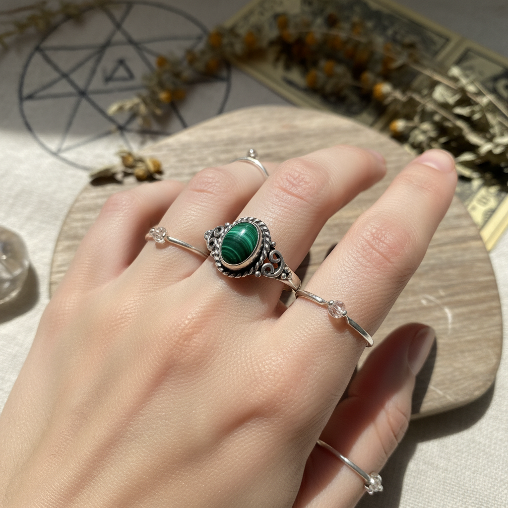 Anello Vintage in Argento con Malachite Naturale Ovale - indossato