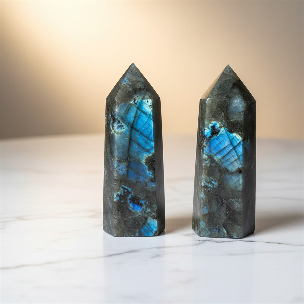 Torri di labradorite con flash blu iridescente su sfondo marmo bianco