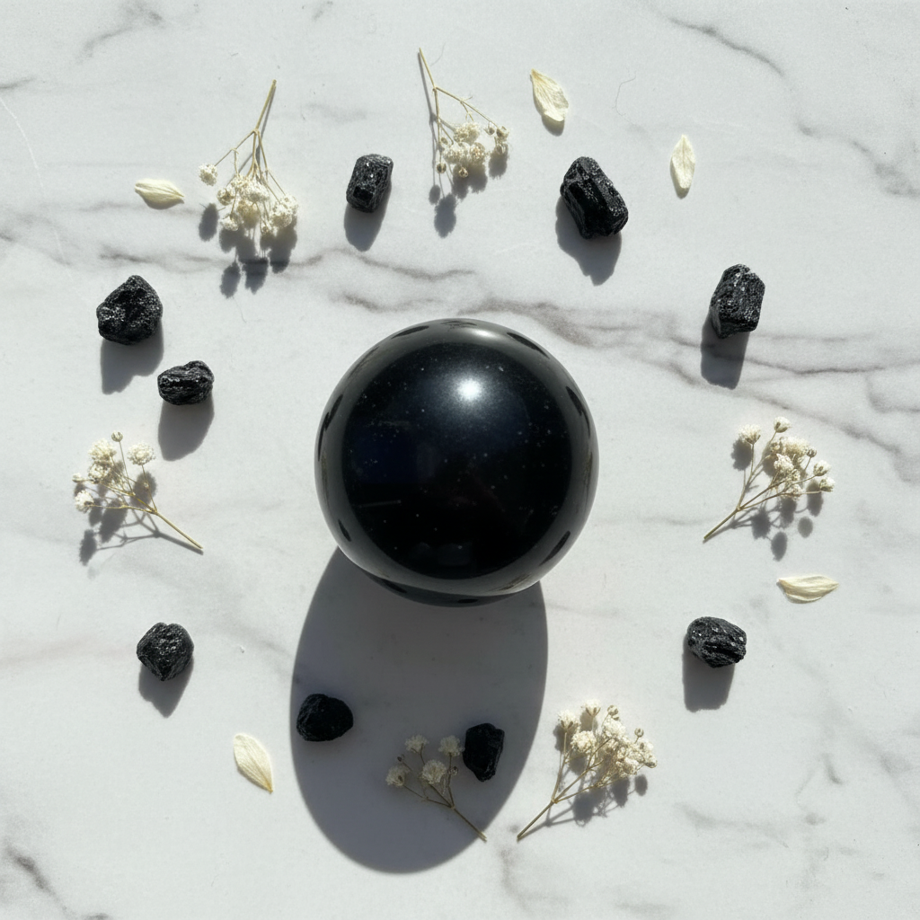 Sfera Tormalina Nera flat lay marmo con tormalina grezza