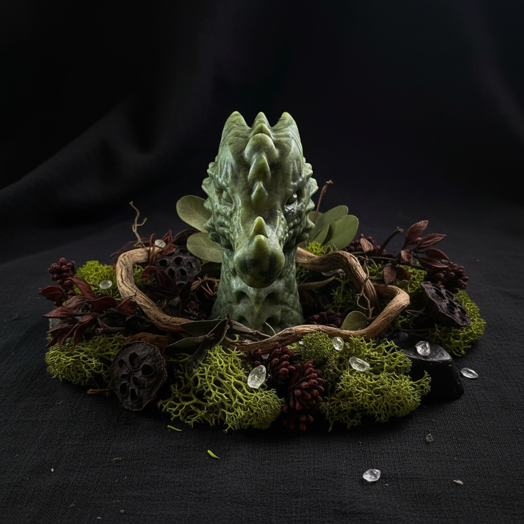 Testa di Drago in Giada Verde - botaniche e cristalli