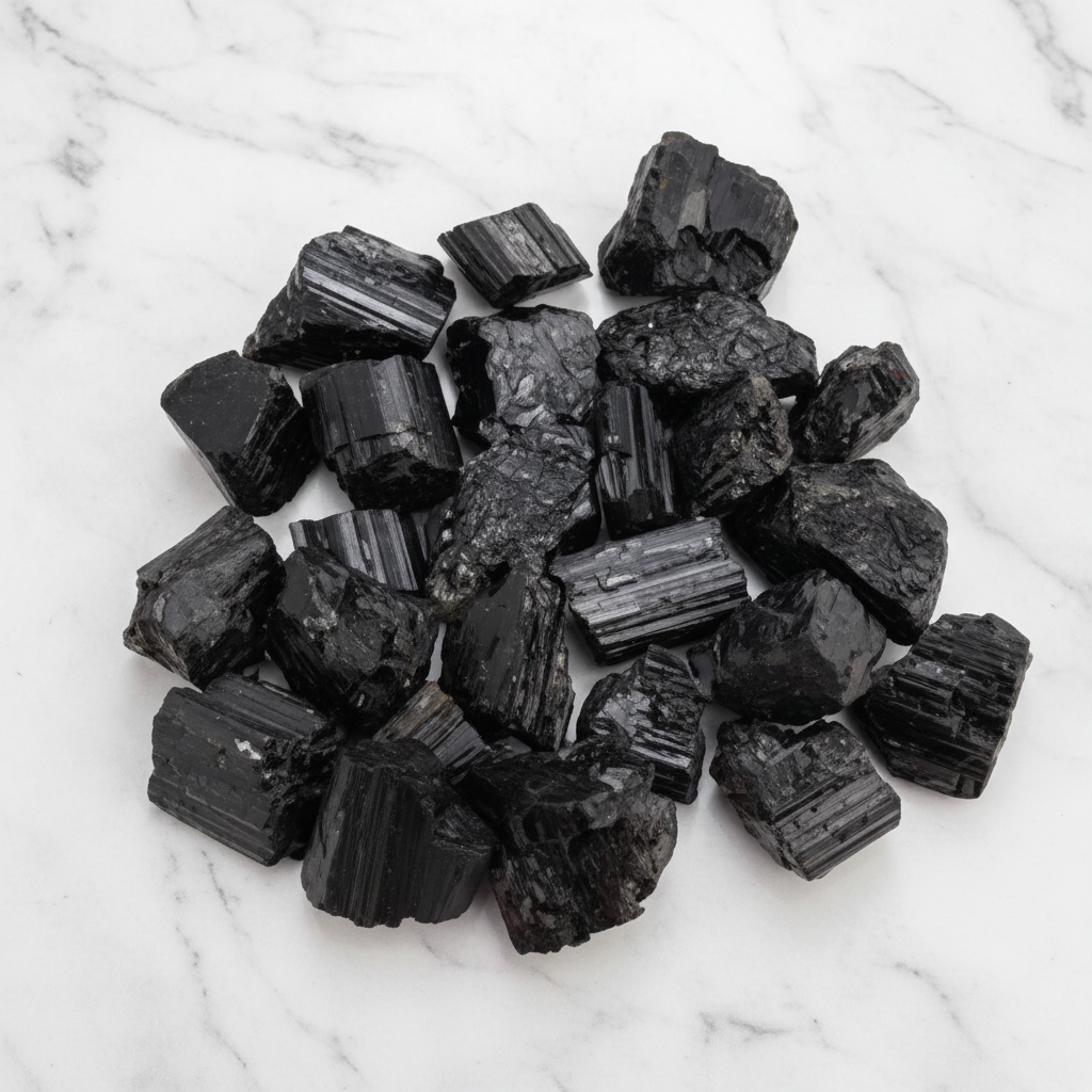 Tormalina nera grezza - flatlay su marmo
