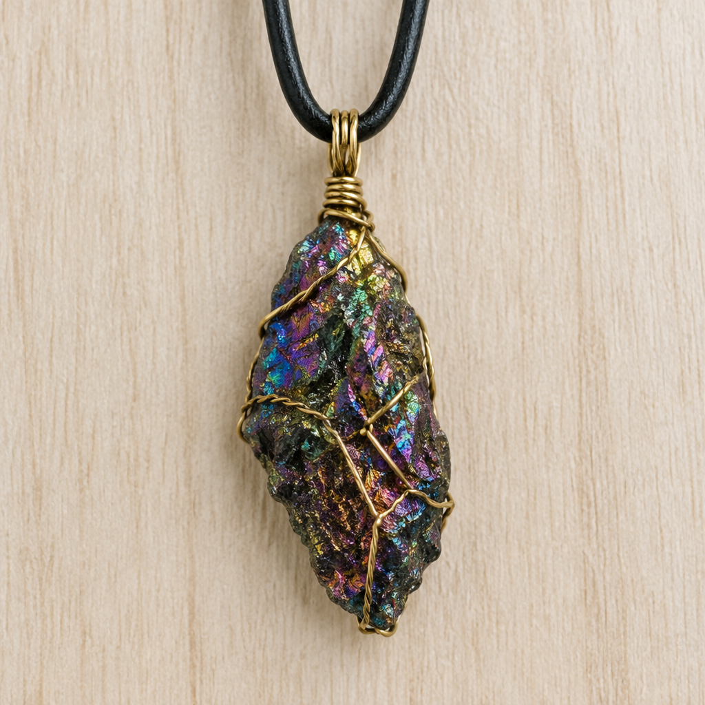 Collana in tormalina aura multicolor su legno