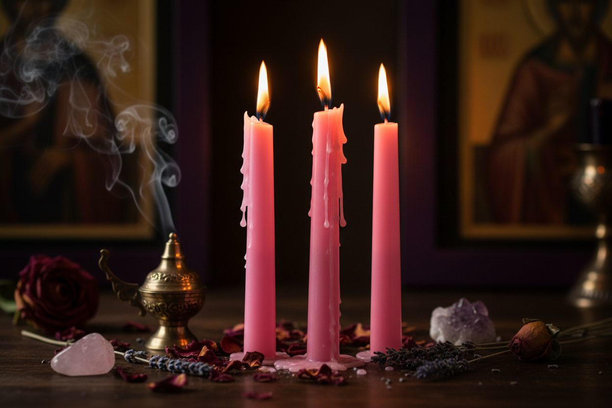 Tre candele rosa accese close-up